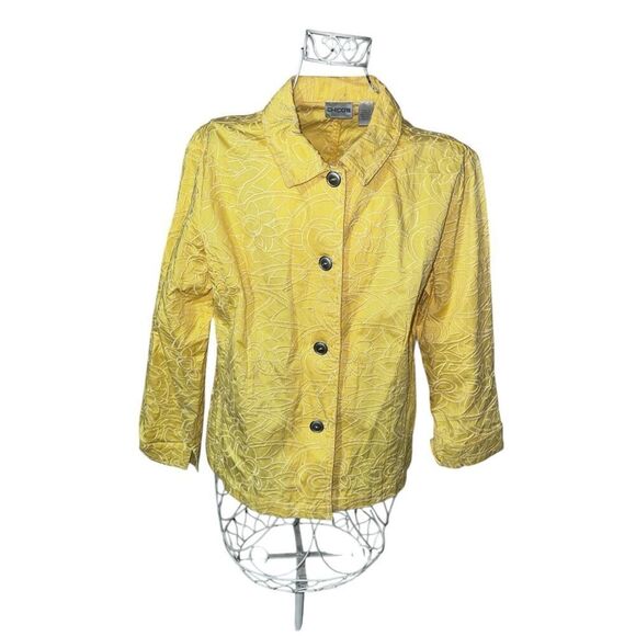 Beautiful CHICO’S Jacket Yellow Embroidered Floral Button Front Collar ¾ Sleeve - Picture 1 of 9